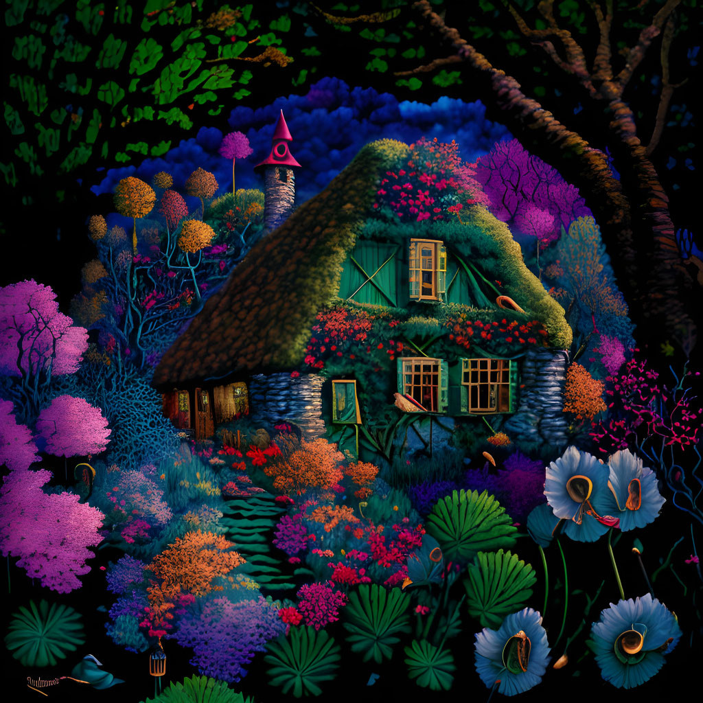 Vibrant nighttime painting of thatched-roof cottage amid colorful flowers