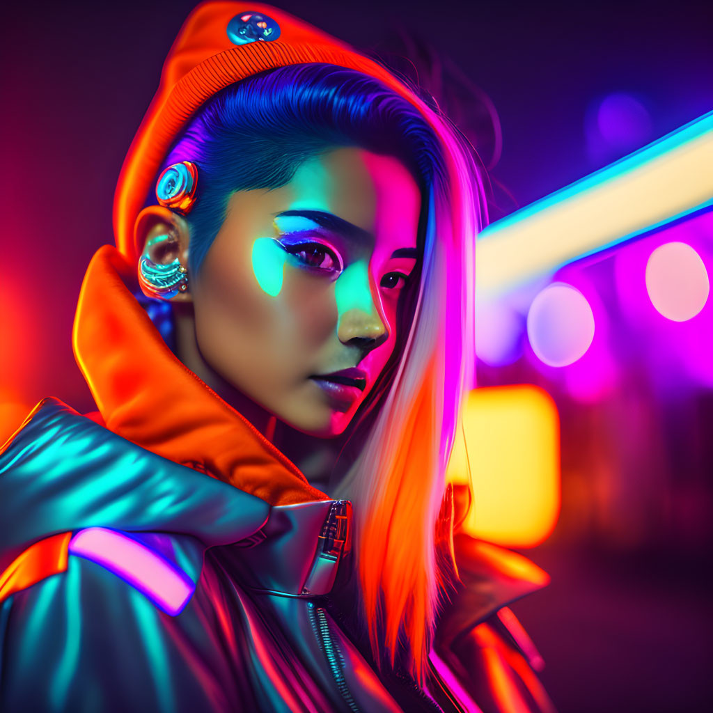 Colorful Stylized Portrait of Woman with Neon Lighting