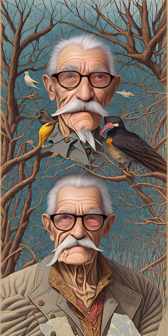 Elderly man with glasses and birds in front of bare trees