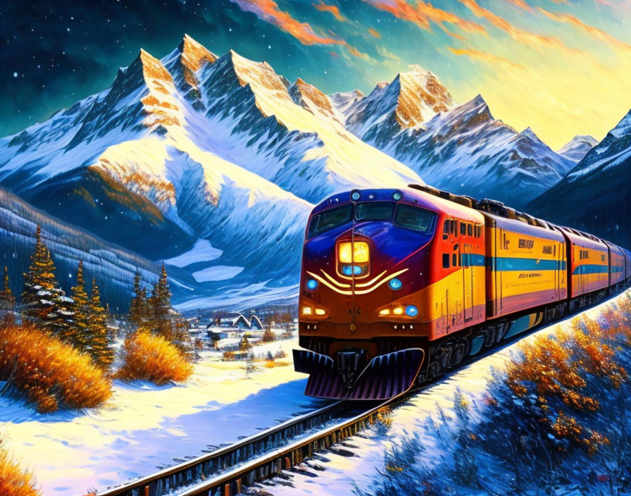 Vibrant orange and yellow train in snowy mountain scene