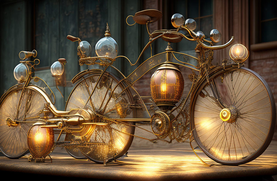 Steampunk-style bicycle with ornate brass details and lamps on rustic backdrop