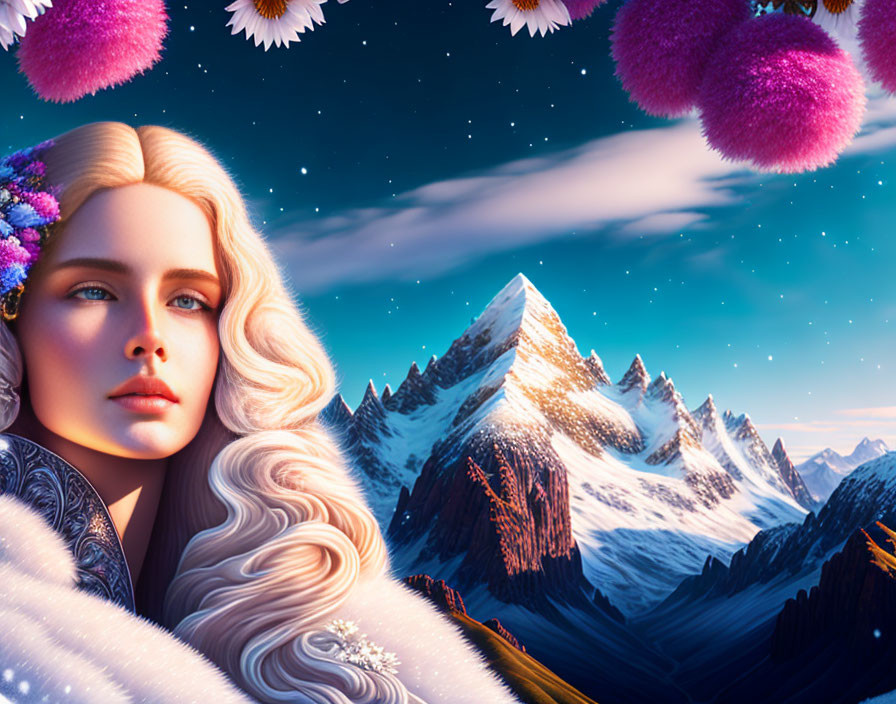 Digital art: Woman with white hair and floral adornment in mountain landscape