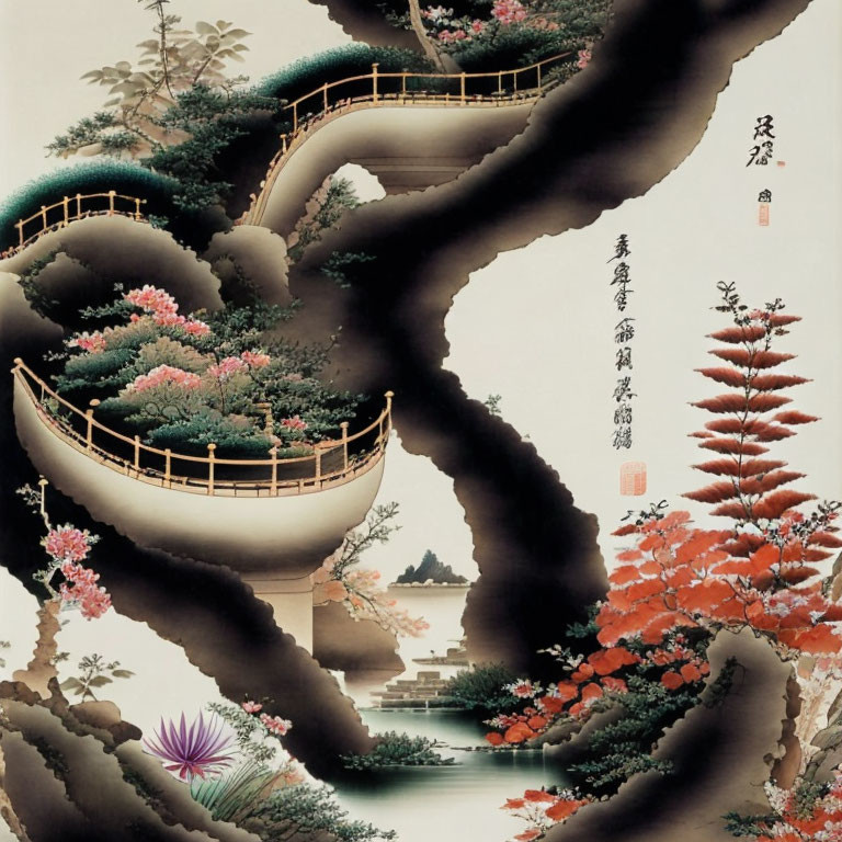 Tranquil East Asian landscape painting with tree, bridges, flowers, and lake