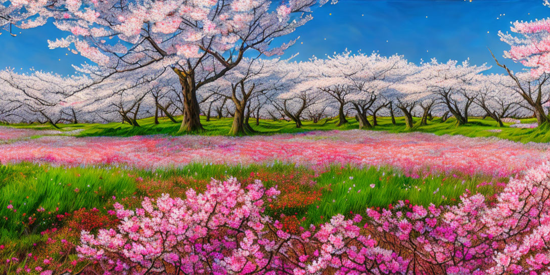 Blossoming cherry trees in vibrant landscape