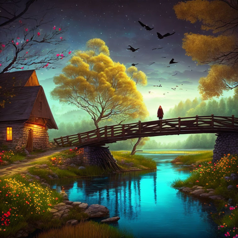 Tranquil night landscape with cottage, stream, person on bridge, starry sky, trees,