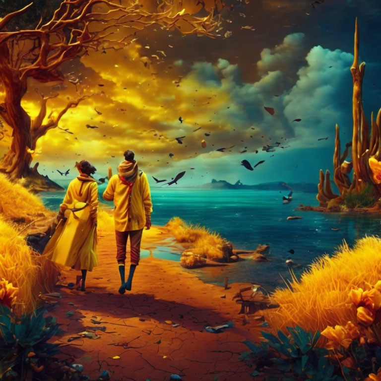 Two individuals in yellow coats walking by a turquoise sea and golden foliage under an amber sky.