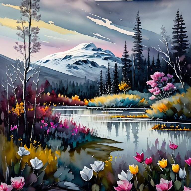 Serene lake with colorful flowers, autumn trees, and snow-capped mountain