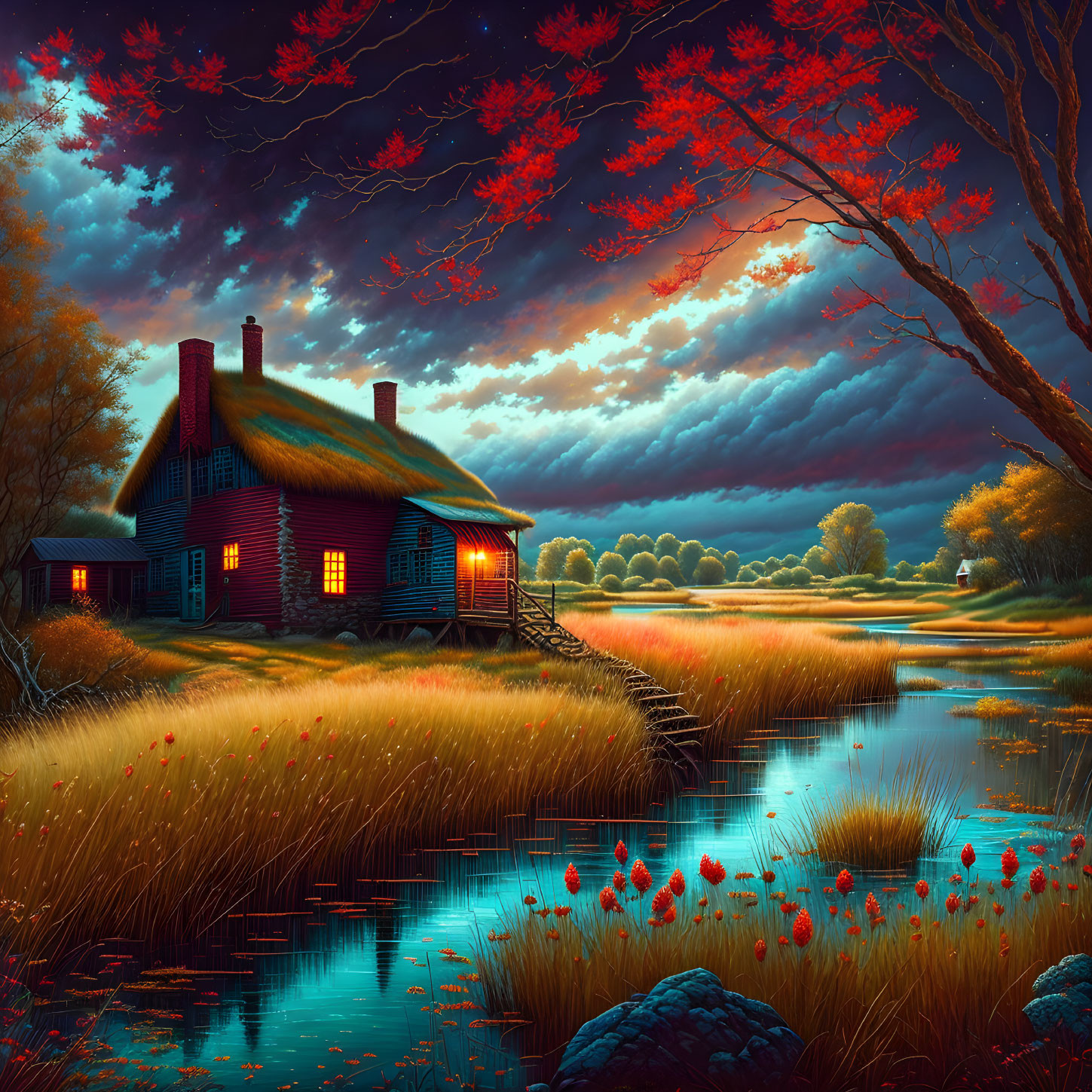 Twilight scene of cottage by river amid autumn trees