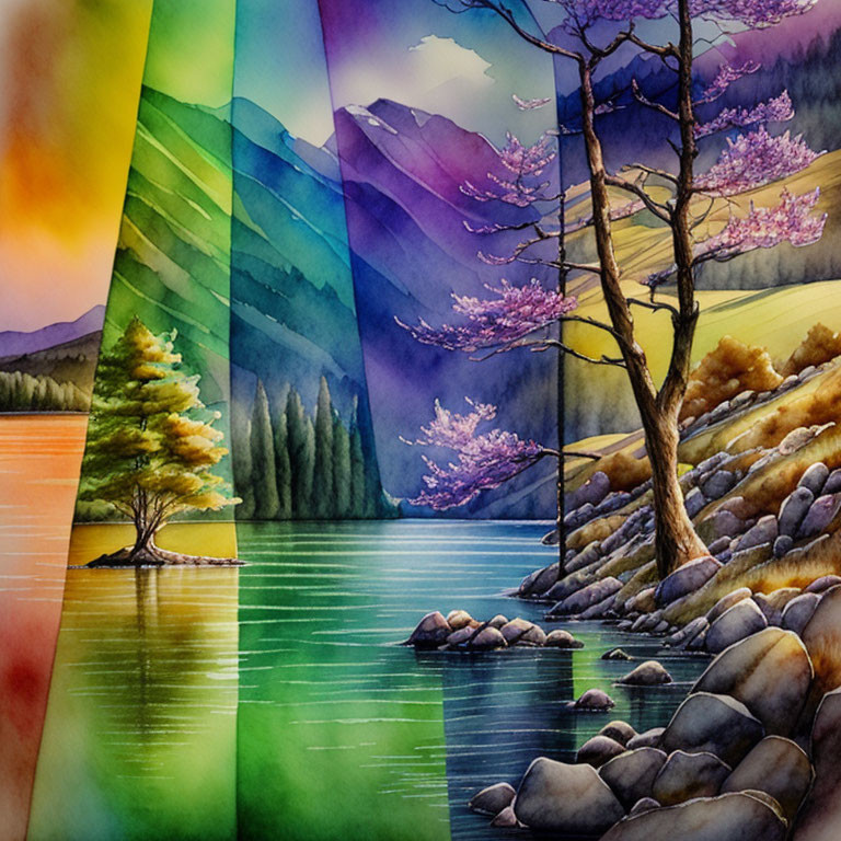 Seasonal Landscape Watercolor Painting: Lake, Mountains, Trees