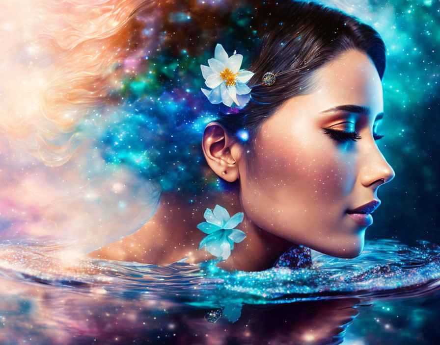 Woman's profile with floral hair merges with cosmic background and water