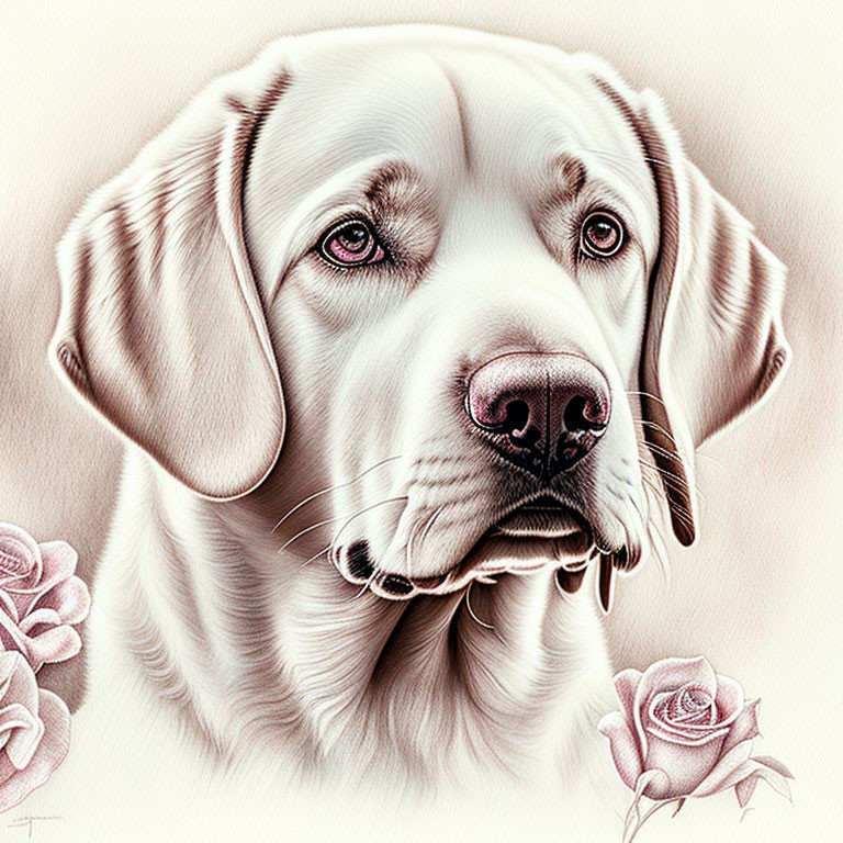 Light-Colored Labrador Retriever with Pink Roses on Beige Background