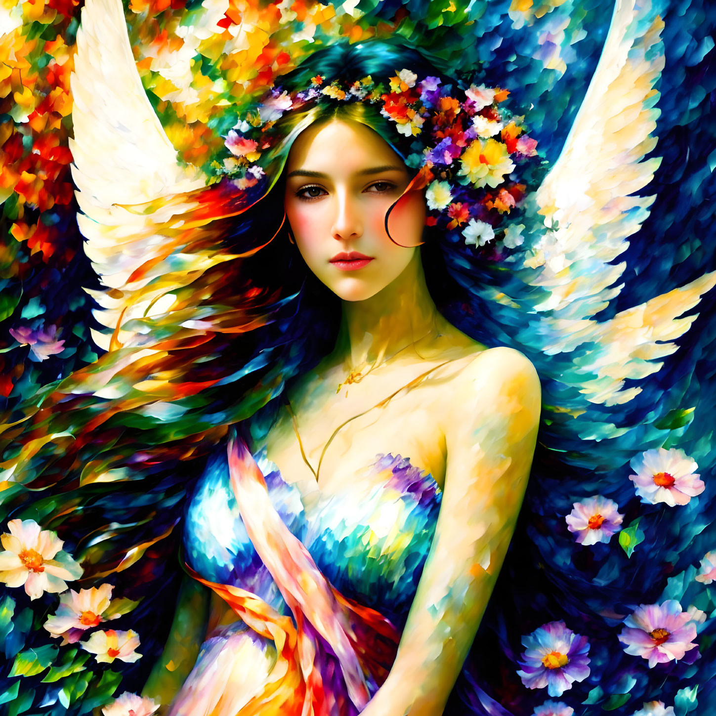 Colorful portrait of woman with angel wings and floral crown surrounded by feathers and petals