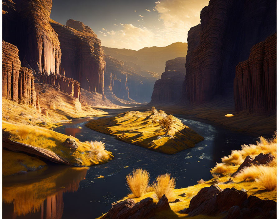 Tranquil river winding through red rock canyons