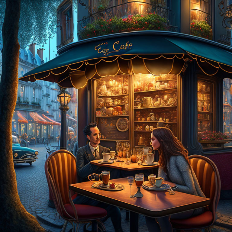 Couple enjoying coffee in Parisian cafe with vintage décor