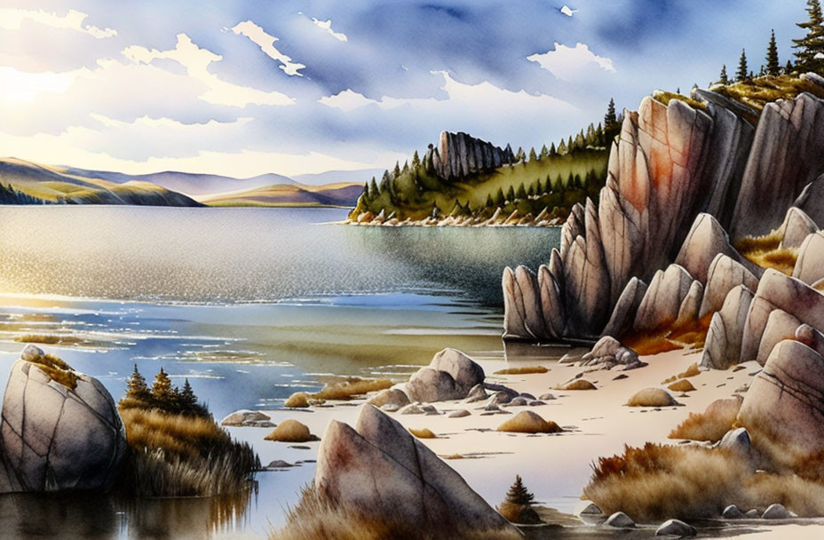 Tranquil lake watercolor: rocky shores, pine trees, cloudy sunset