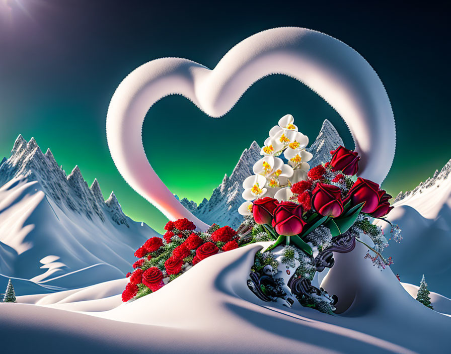 Heart-shaped floral arrangement in snowy mountain landscape