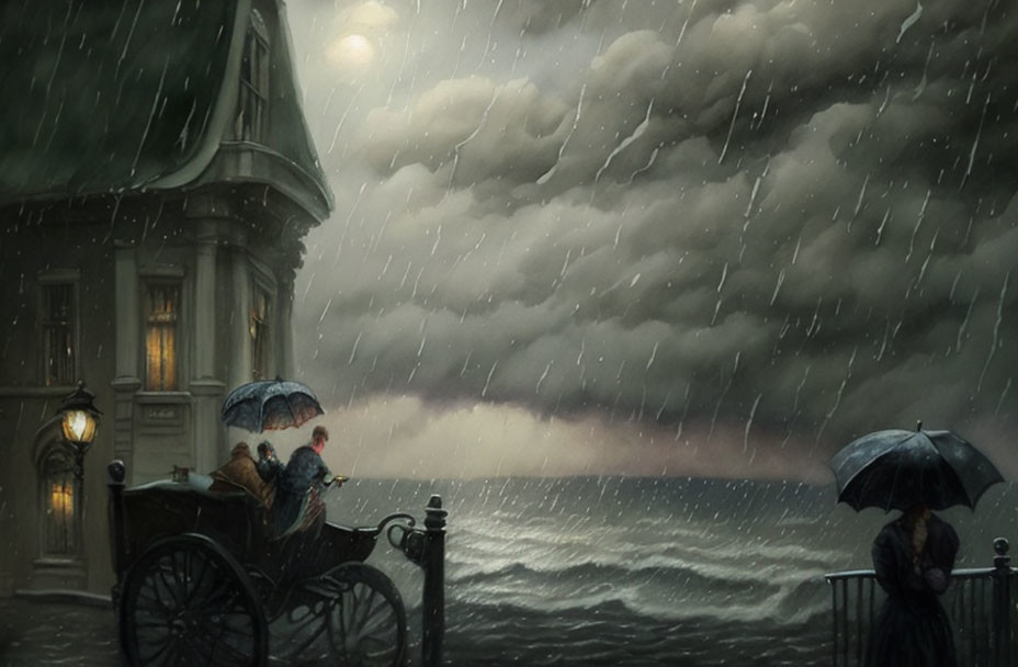 Stormy Evening Scene: Horse-drawn Carriage, Umbrellas, Turbulent Sea