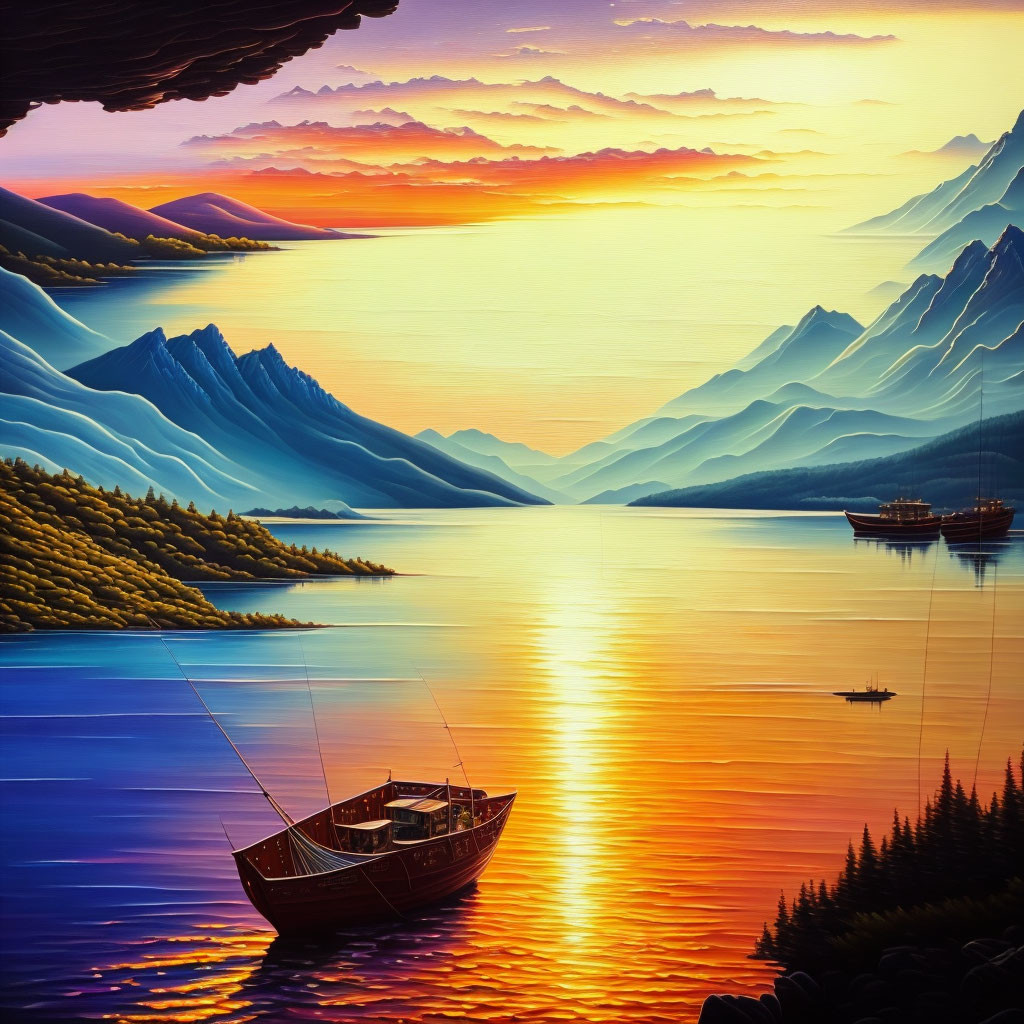 Scenic sunset painting of a lake with boats, forests, and mountains