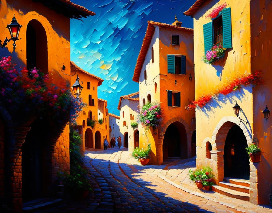 Colorful European village street scene with cobblestones and flowers under blue sky