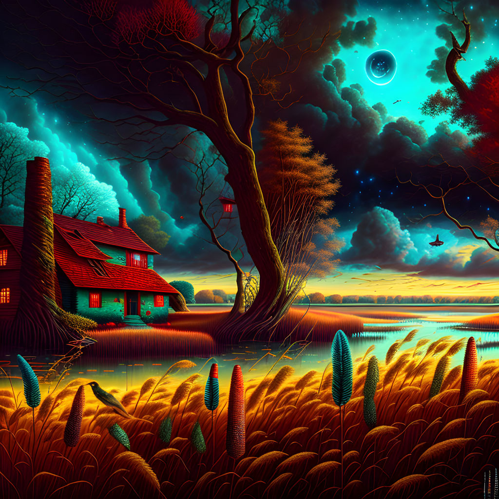 Surreal dusk landscape with red-roofed house, lake, tree, wheat field, cres