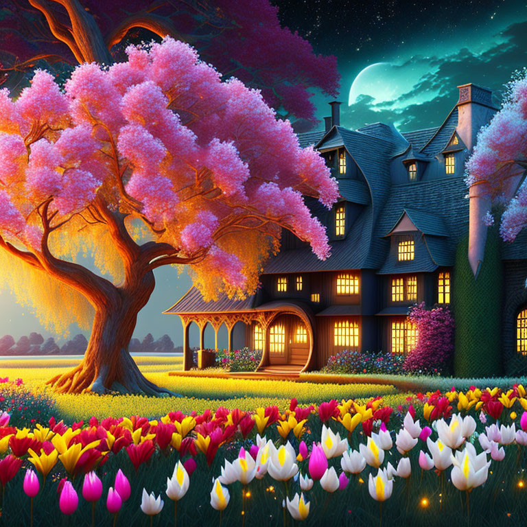 Illustration of grand house at twilight by pink tree, tulip field, starry sky