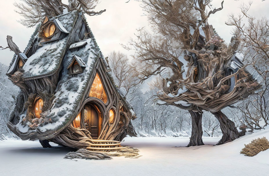 Fantastical tree houses in snowy winter landscape