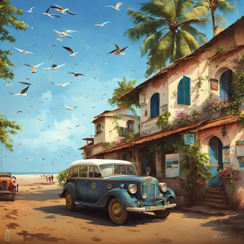 Vintage Blue Car Parked by Coastal Buildings and Palm Trees