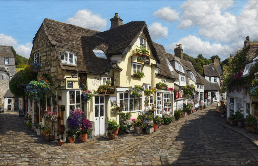 Charming cobblestone street with old houses and vibrant flowers under blue sky