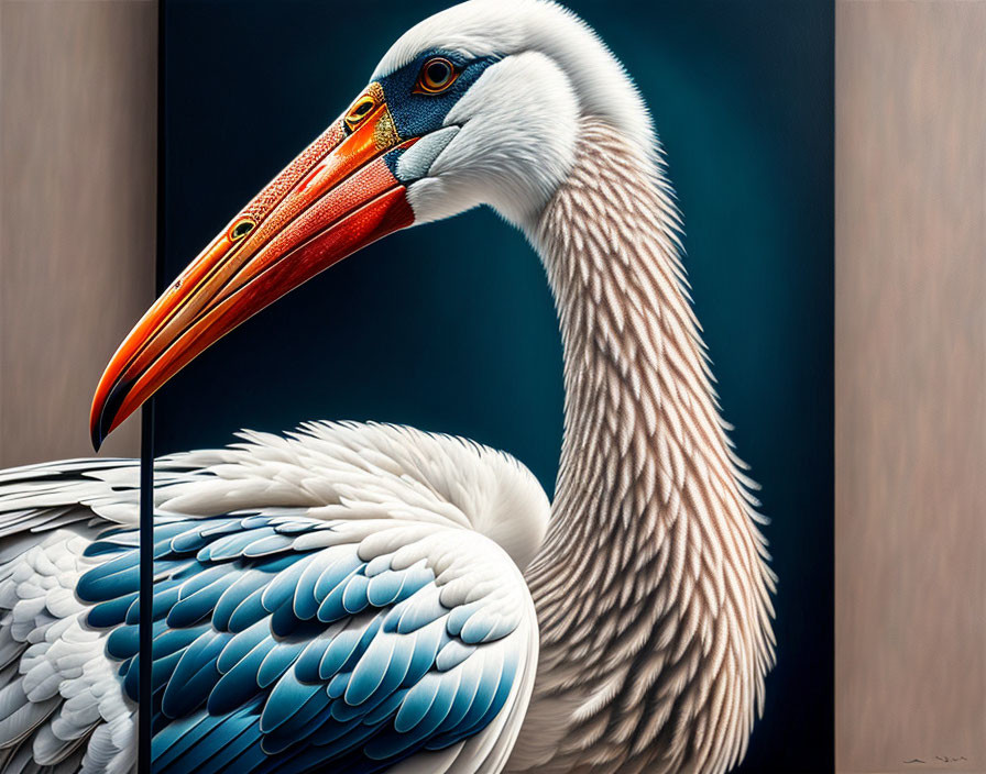 Hyper-realistic painting split in two: colorful pelican on left, grayscale on right