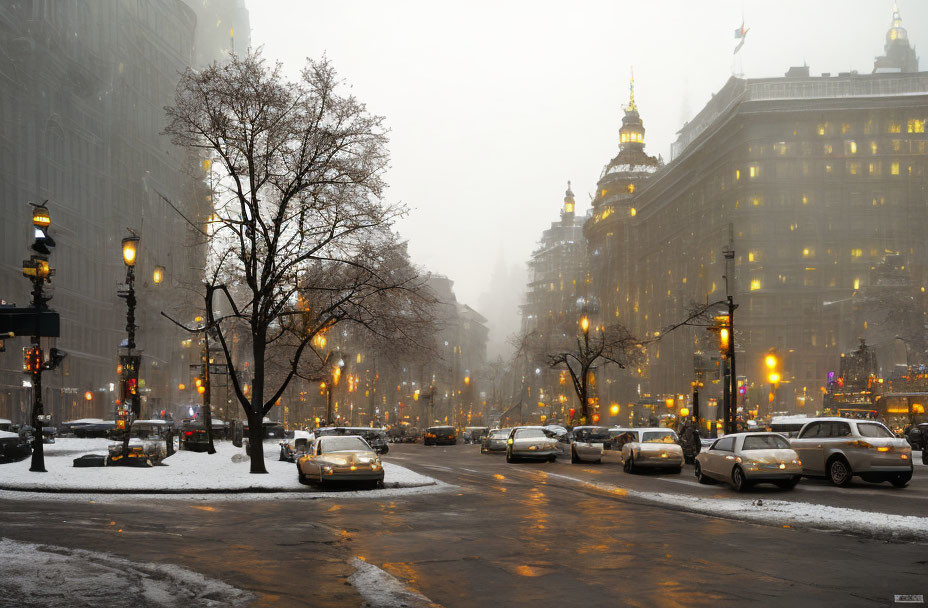 Snowy city street at dusk: cars, bare trees, lit street lamps, and buildings in falling