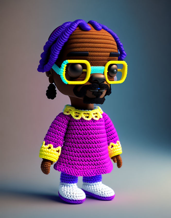 Stylized 3D illustration of figure in purple attire with yellow glasses and braided hair on