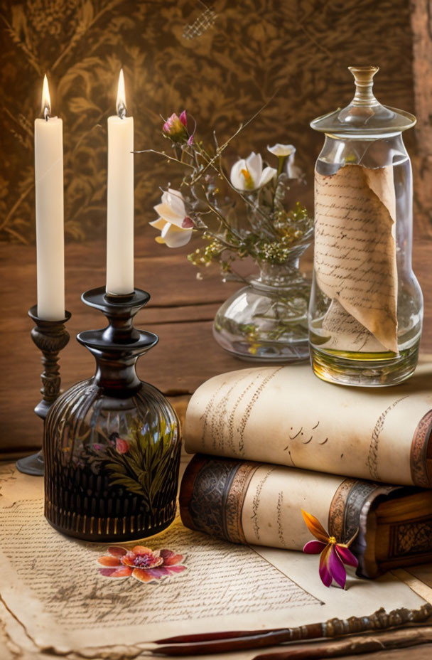 Vintage Composition with Candles, Parchment, Bottle, and Flowers on Wood