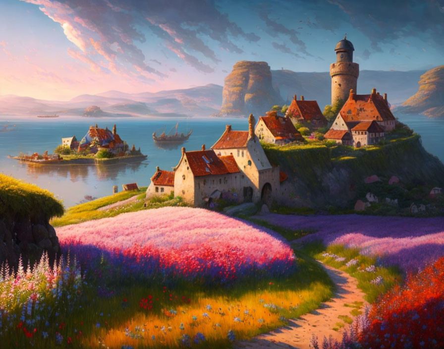 Tranquil landscape with lighthouse, rustic houses, wildflowers, and calm seas