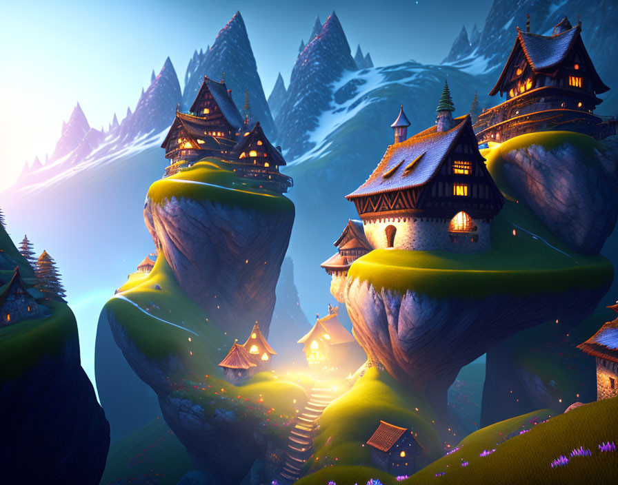 Illuminated houses on rocky formations in snowy mountain landscape