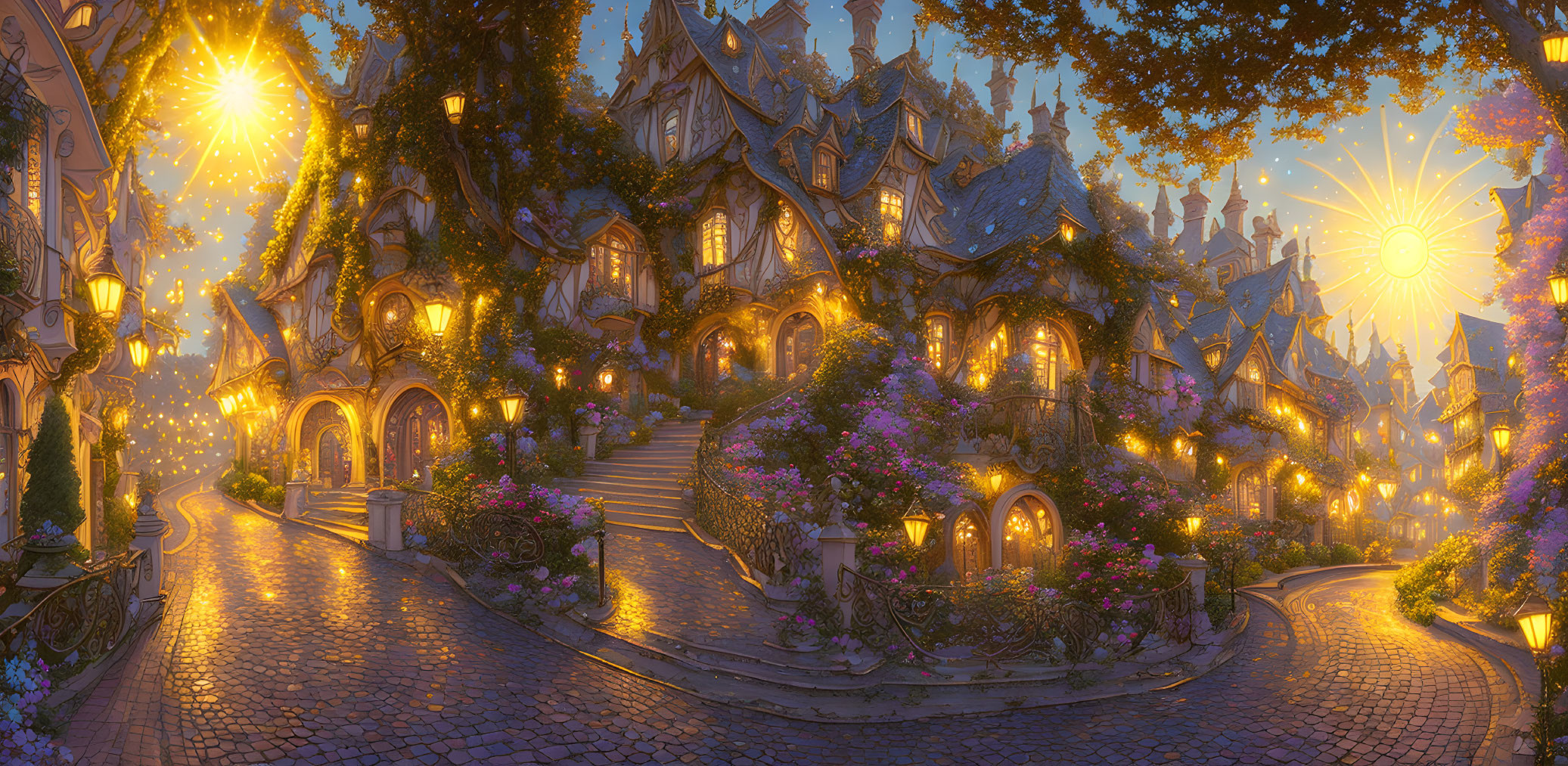 Twilight scene of whimsical village with cobblestone pathways, glowing lanterns, magical trees,