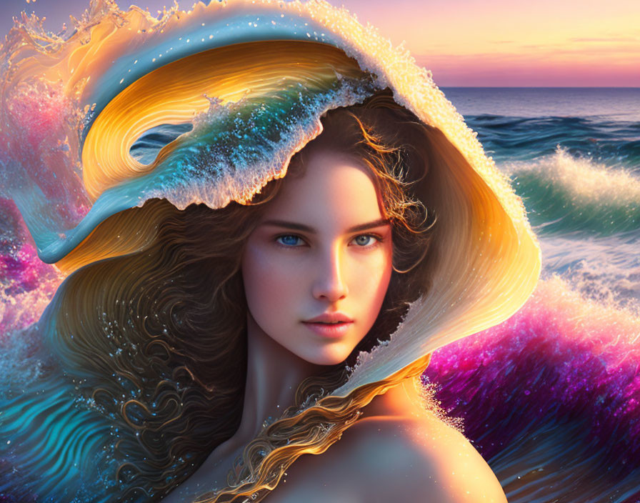 Digital Artwork: Woman with Ocean Waves Hair in Vibrant Sunset Seascape