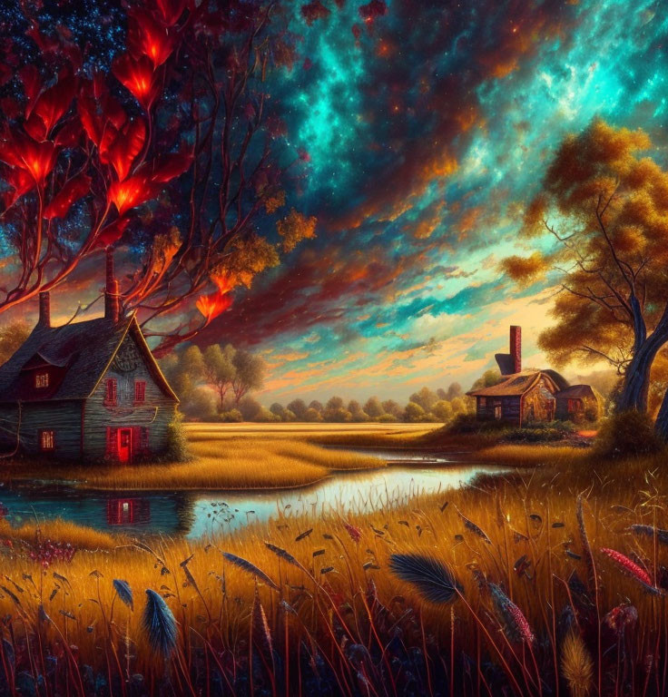 Tranquil countryside scene with vibrant cosmic sky, lake, cottage, trees, and old mill