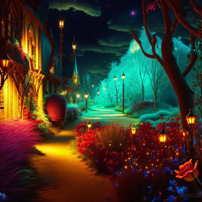 Vibrant fantasy night streetscape with glowing trees, flowers, and starlit sky