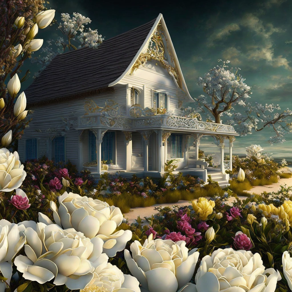 White Victorian House Surrounded by Flowers and Trees