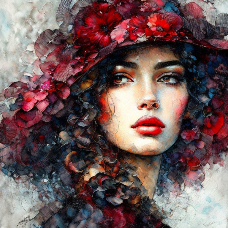 Woman portrait with deep eyes, red flowers, and floral hat in realistic and abstract blend.