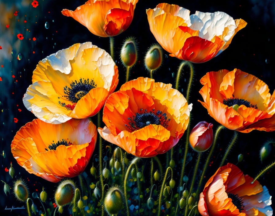 Colorful Poppy Flower Art on Dark Background