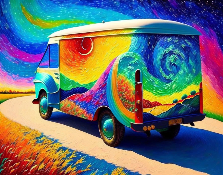 Colorful Van Drives Through Psychedelic Landscape with Starry Sky