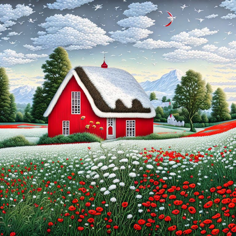 Red barn in poppy field with snow-tipped roof and crescent moon