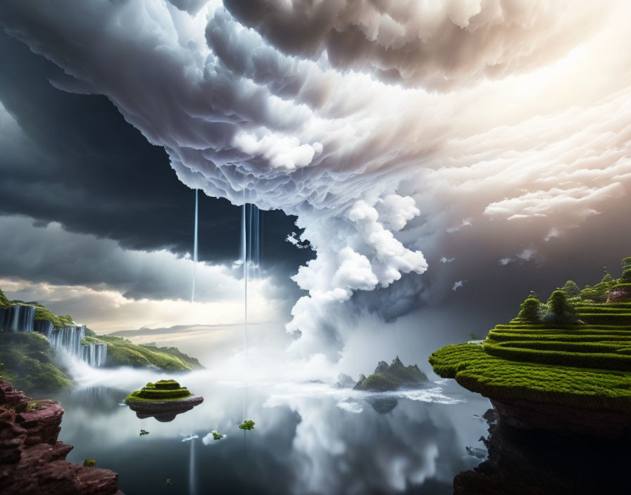 Majestic landscape with tiered plateaus, waterfalls, serene lake, and storm cloud.