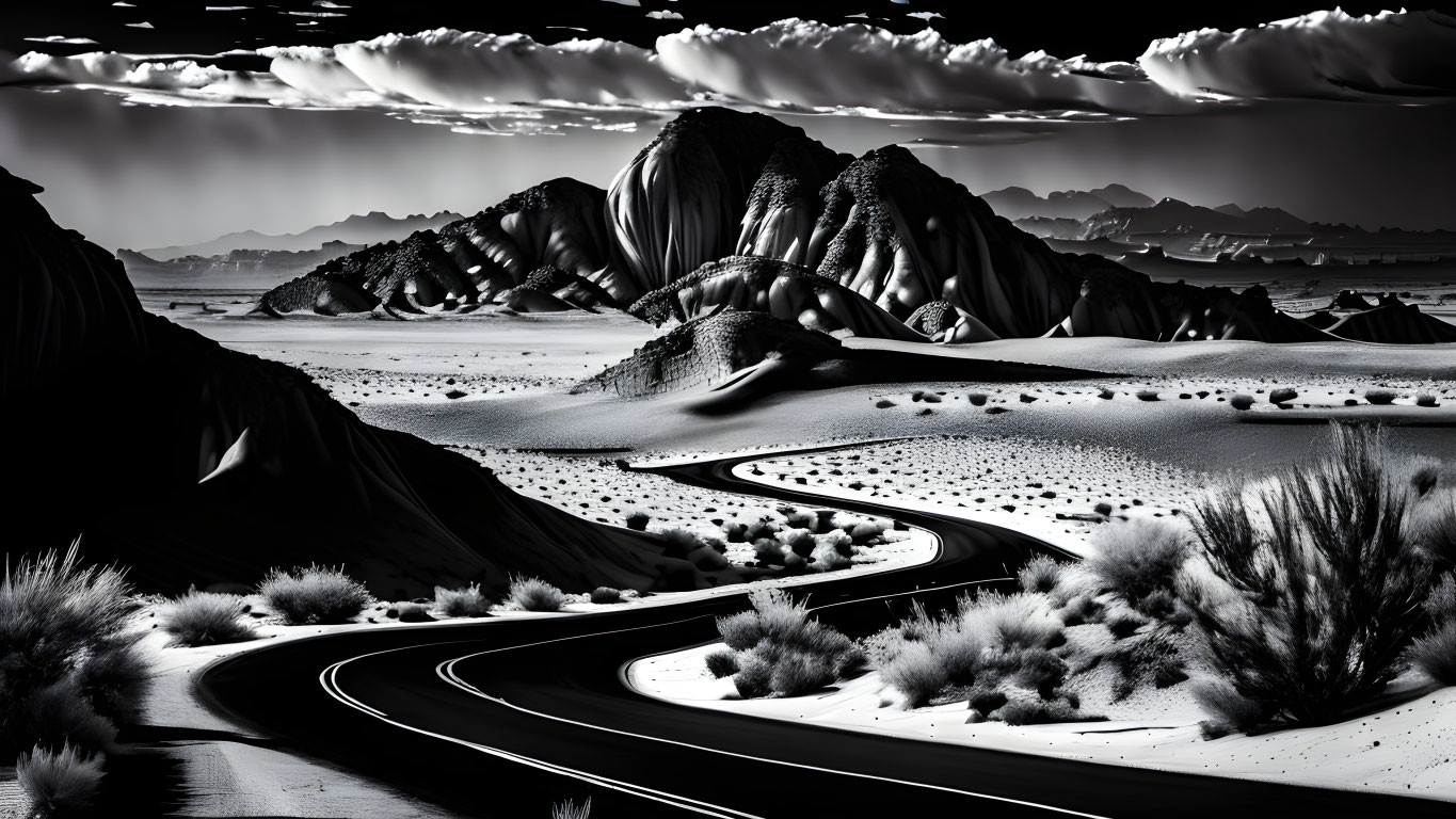 Monochrome desert landscape with winding road, mountains, clouds, and shrubbery