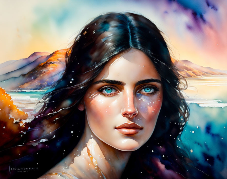 Digital artwork of woman with blue eyes and dark hair against cosmic mountain background