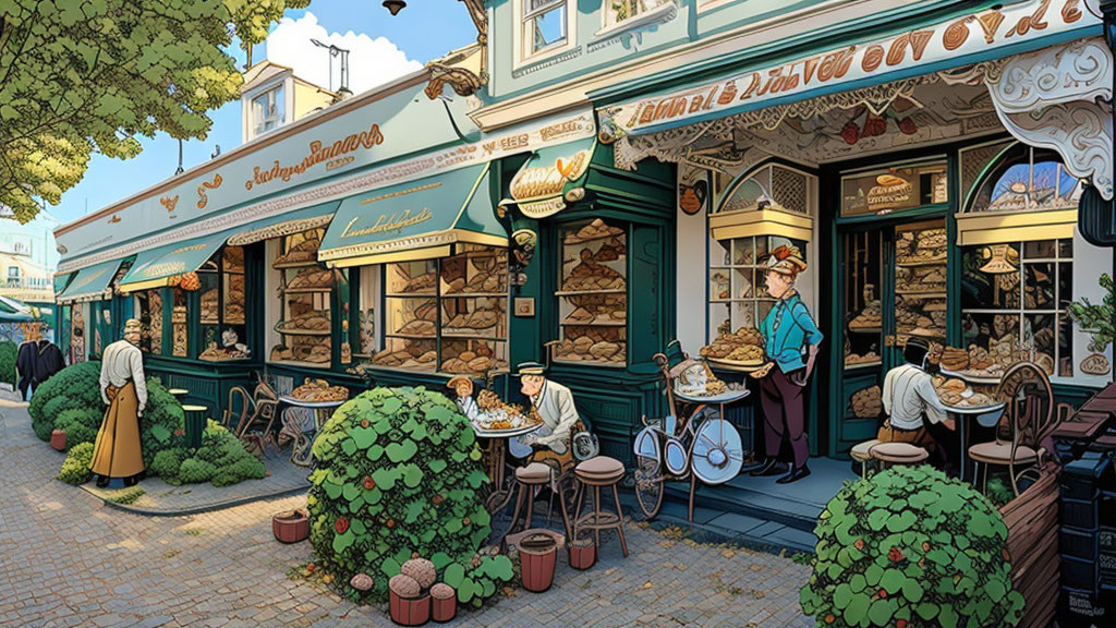 Illustration of a Quaint Bakery with Outdoor Seating and Traditional Attire