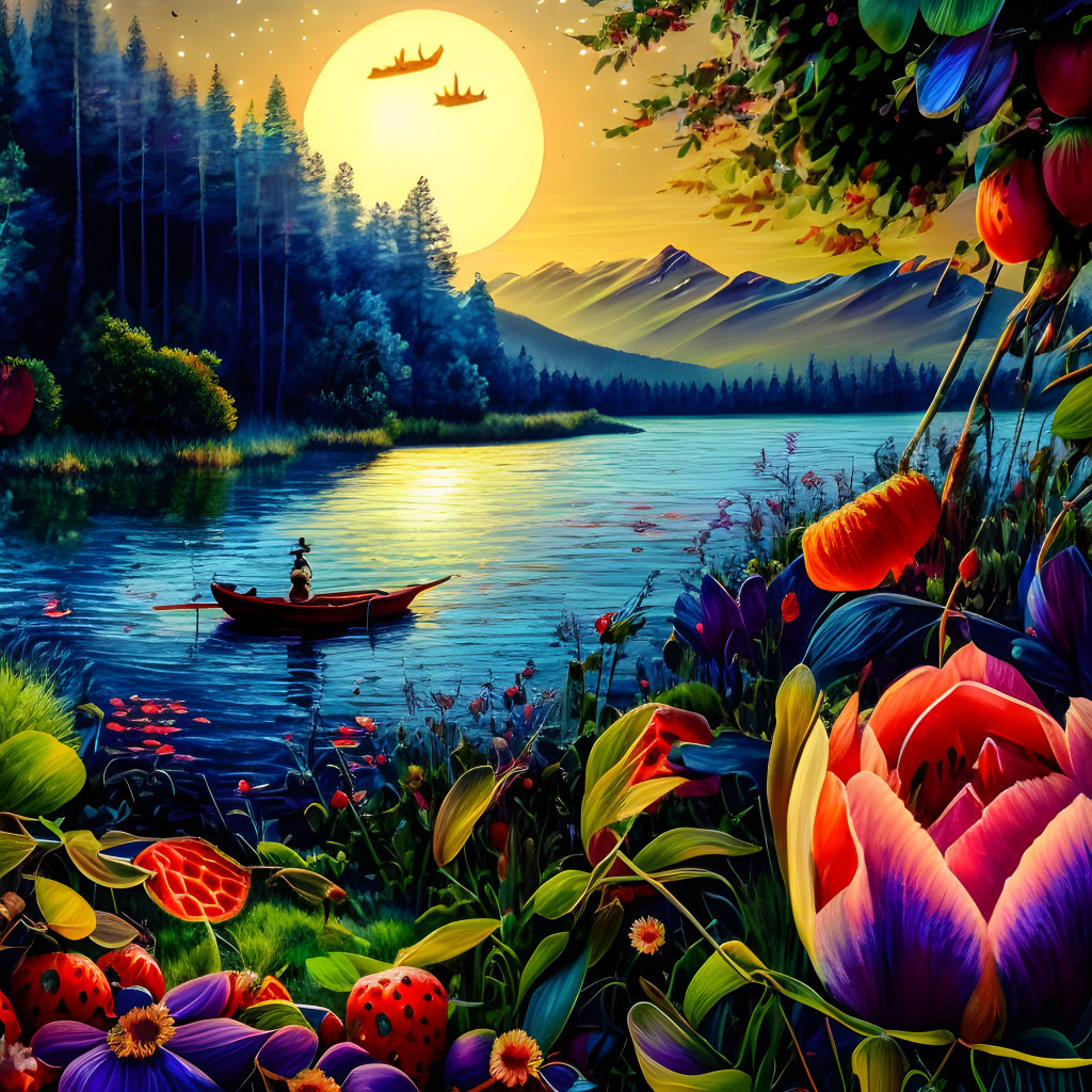 Scenic sunset lake painting with rowboat, flowers, mountains, and birds