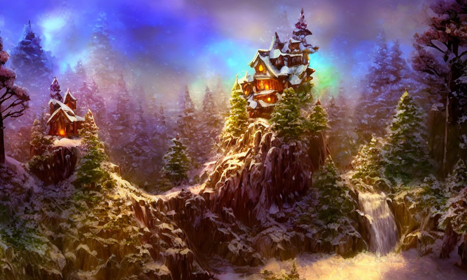 Mystical winter landscape with cozy cottage, grand tower, snowy cliffs, waterfall, and aurora