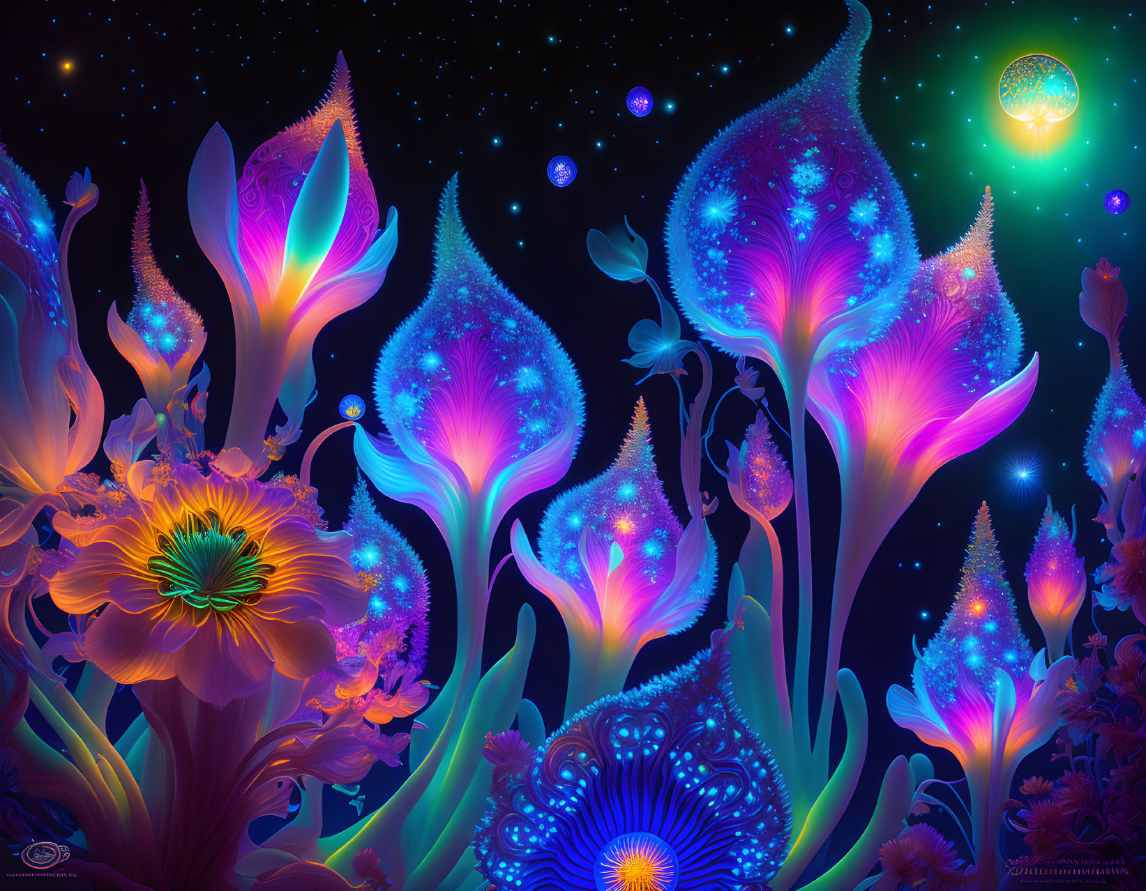 Colorful digital artwork: Luminescent flowers in blue and purple on cosmic backdrop